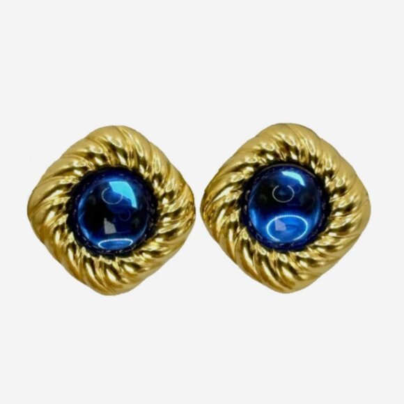Source Unknown Jewelry - Vintage 1980s Mogul Blue Glass Cabochon Rope Twist Gold Tone Statement Earrings